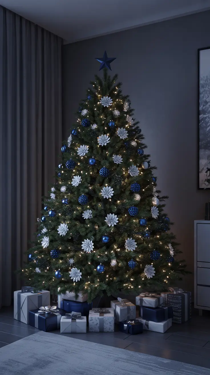 Christmas tree trends 2025 Midnight Blue Glow, christmas tree decor ideas 2025 trends