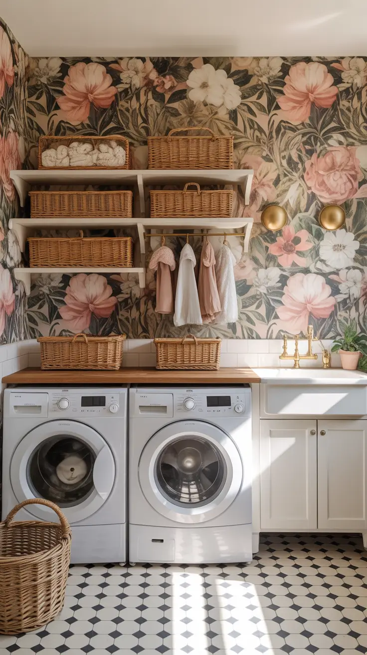 Laundry Room Makeover Ideas 2026 Floral Wallpaper Laundry Room Glow-Up