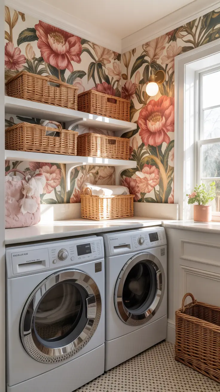Laundry Room Makeover Ideas 2026 Floral Wallpaper Laundry Room Glow-Up