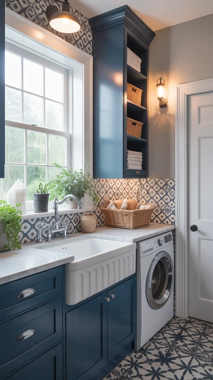Laundry Room Makeover Ideas 2026 Navy Blue Laundry Room with Patterned Tiles