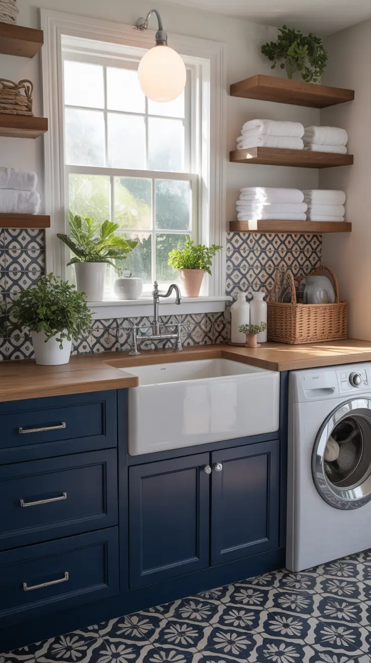 Laundry Room Makeover Ideas 2026 Navy Blue Laundry Room with Patterned Tiles