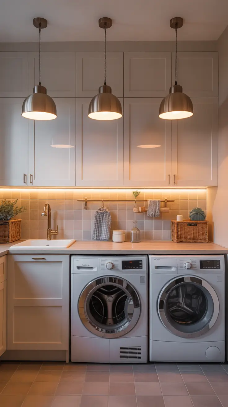 Laundry Room Makeover Ideas 2026 Modern Laundry Room with Brass Lighting