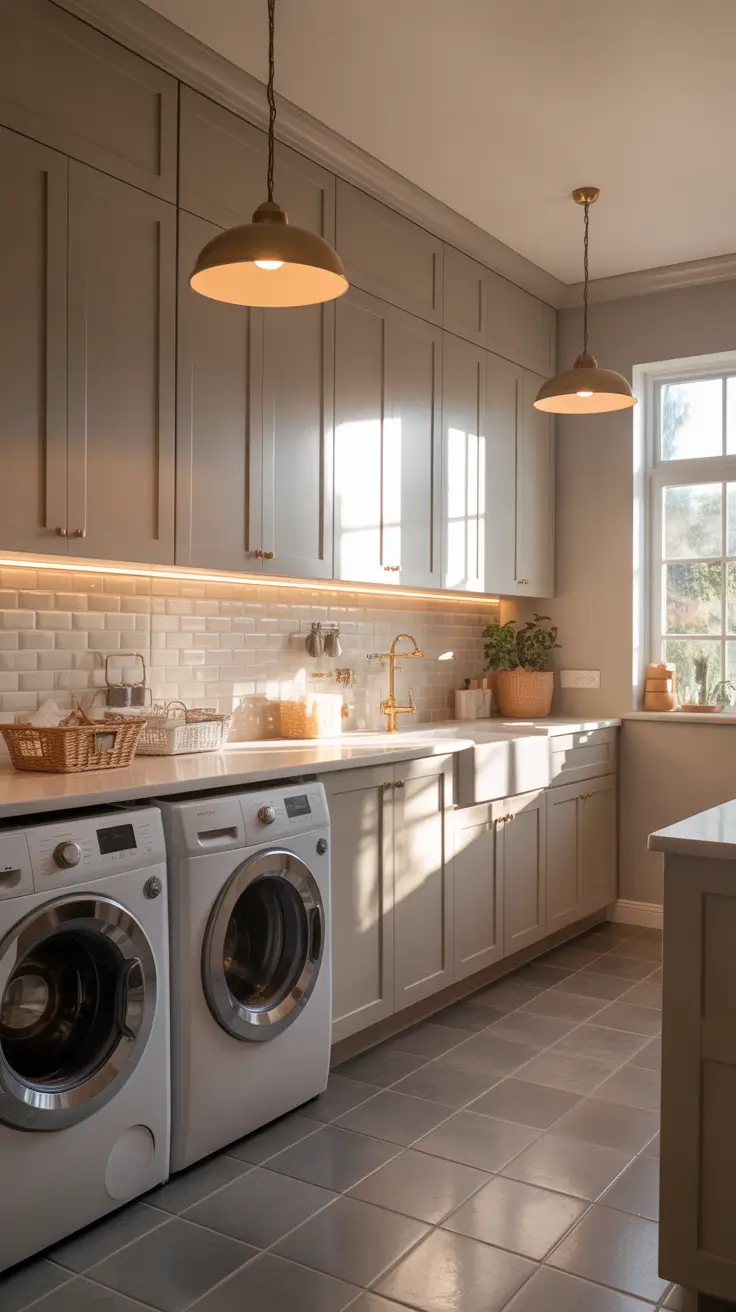 Laundry Room Makeover Ideas 2026 Modern Laundry Room with Brass Lighting