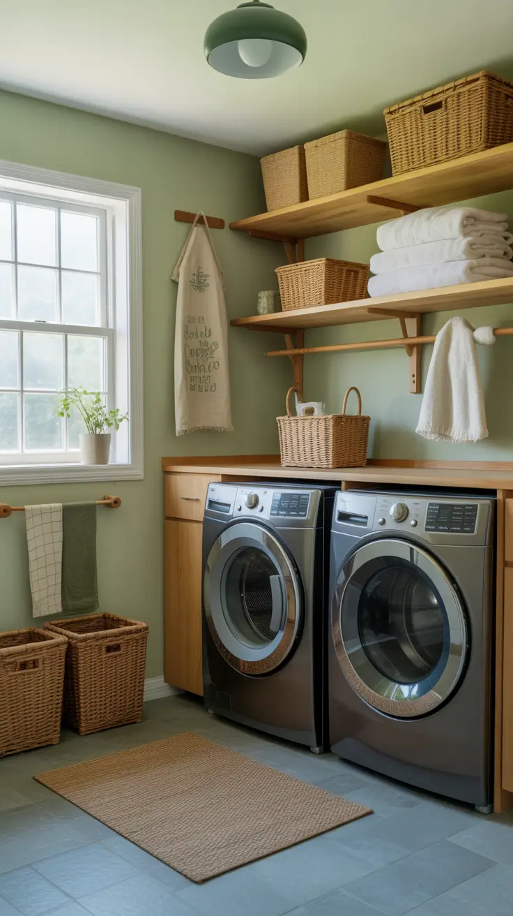 Laundry Room Makeover Ideas 2026 Soft Green Farmhouse Laundry Room