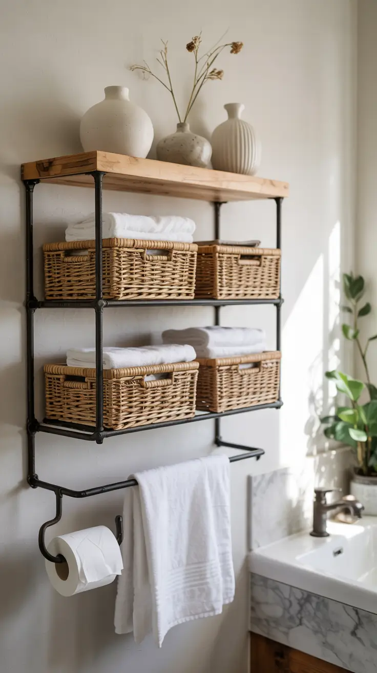Bathroom organizer ideas Hanging baskets racks and hooks for wall mounted bathroom storage