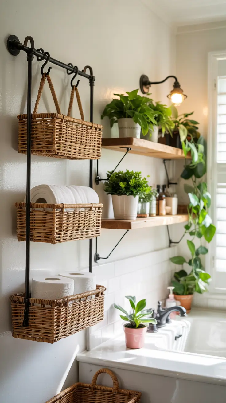 Bathroom organizer ideas Hanging baskets racks and hooks for wall mounted bathroom storage