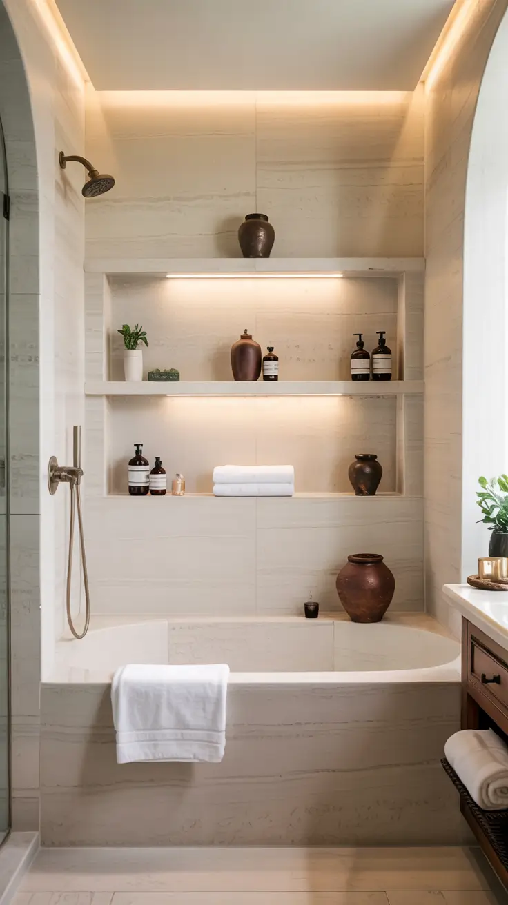 Bathroom organizer ideas Built in shelves and recessed niches for seamless bathroom storage