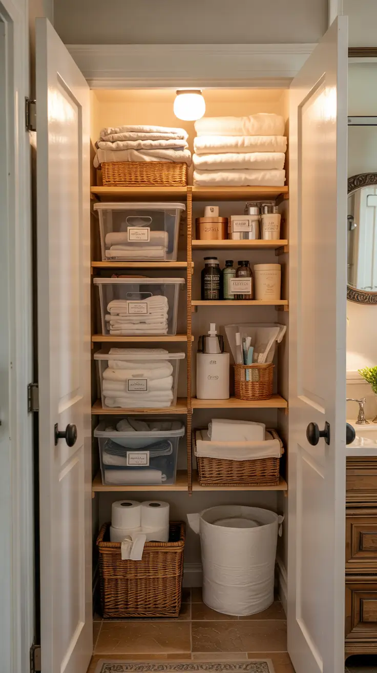 Bathroom organizer ideas Closet to bathroom storage hacks for hidden towels and toiletries