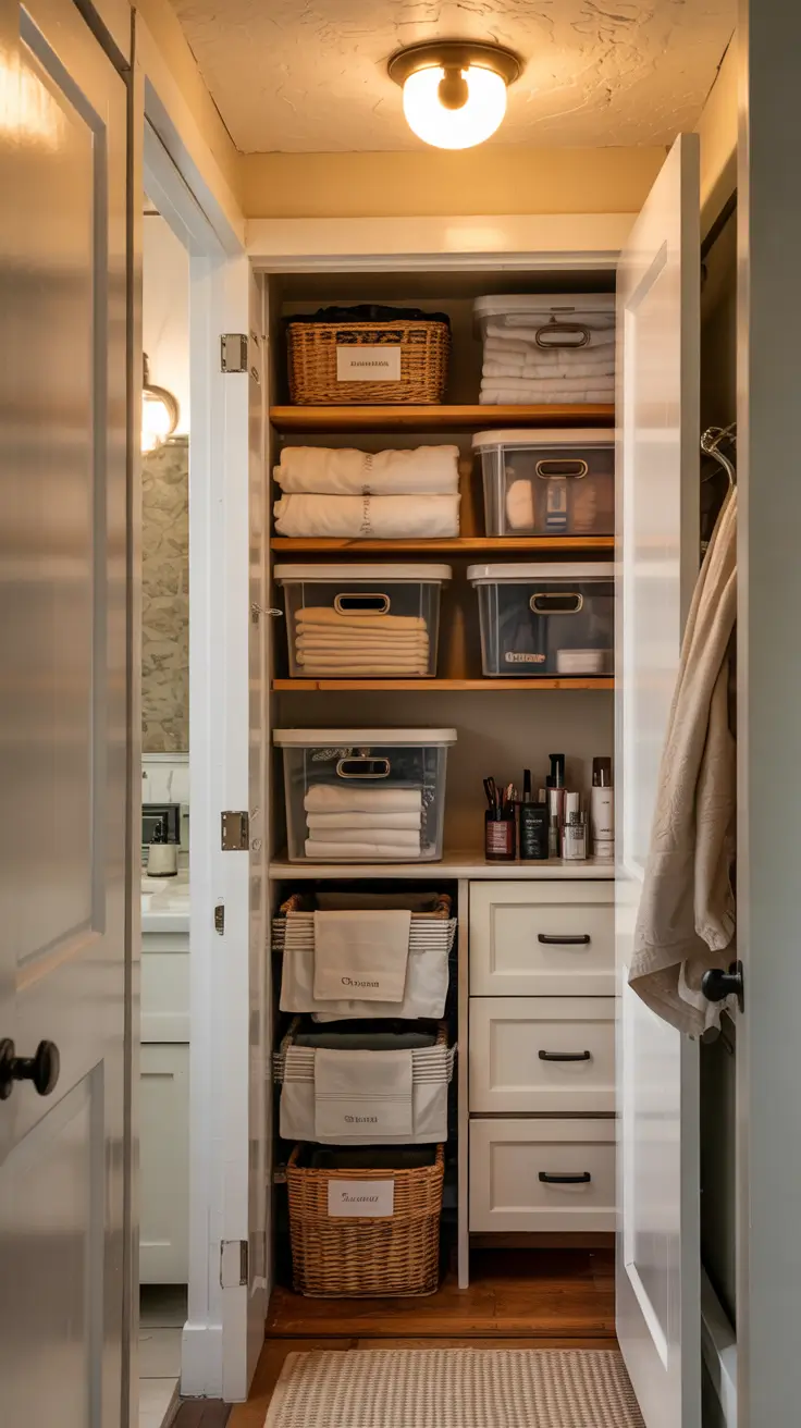 Bathroom organizer ideas Closet to bathroom storage hacks for hidden towels and toiletries