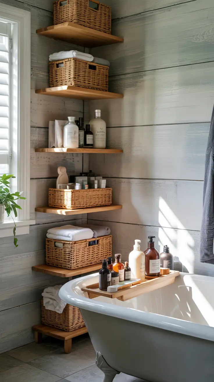 Bathroom organizer ideas Corner shelves stands and caddies to use every inch