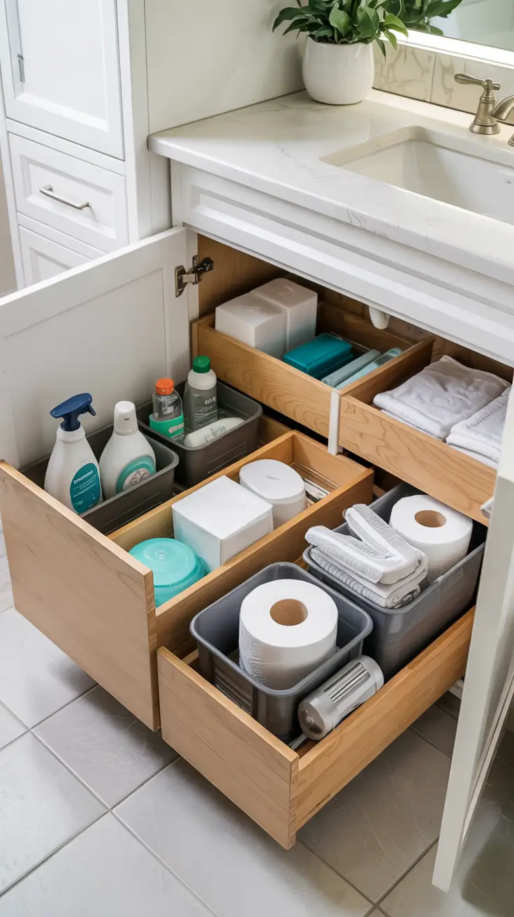 Bathroom organizer ideas Under sink storage drawer units and pull out systems