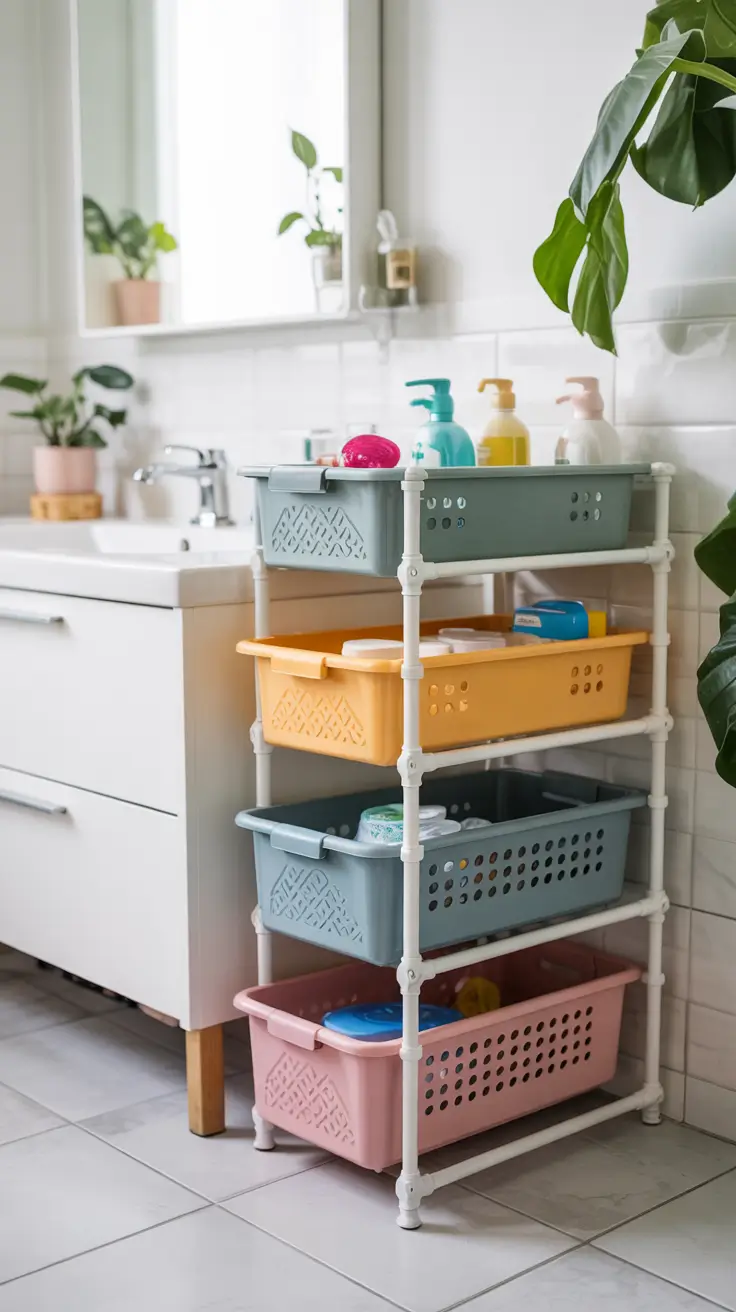Bathroom organizer ideas Plastic bins baskets and modular stands for flexible bathroom storage