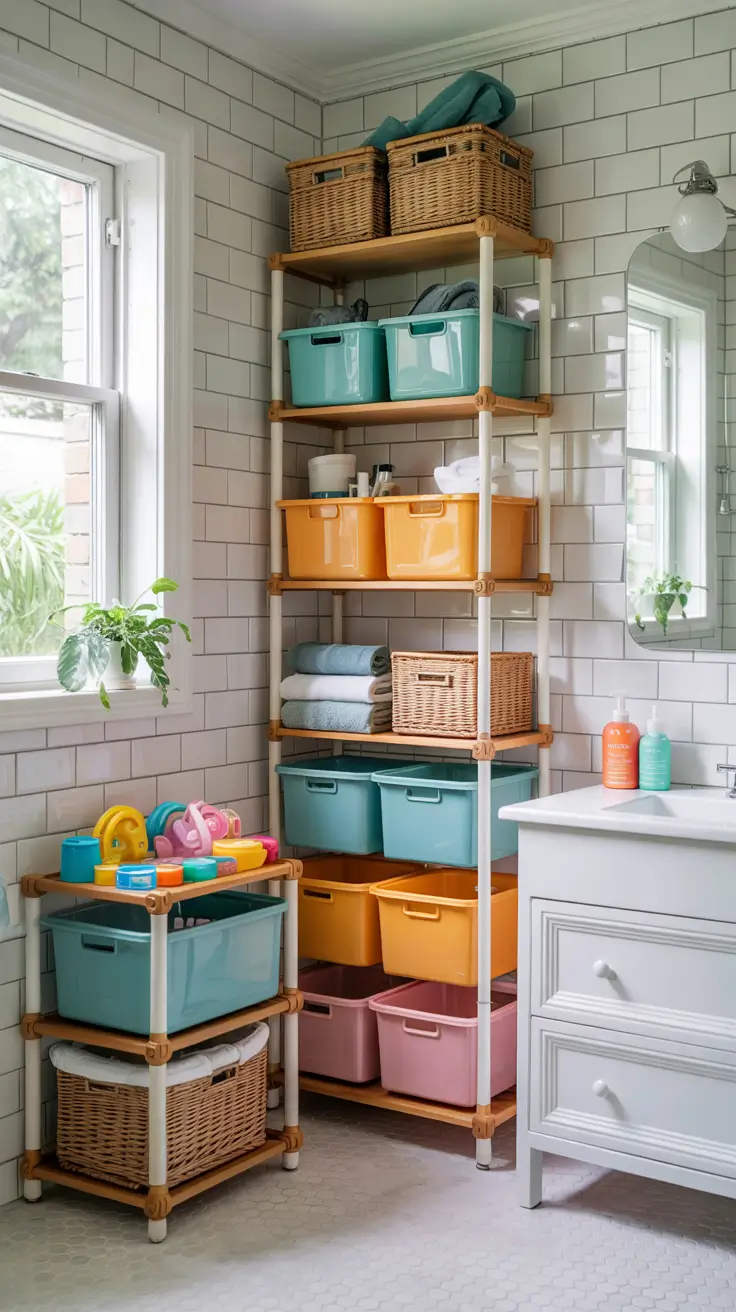 Bathroom organizer ideas Plastic bins baskets and modular stands for flexible bathroom storage