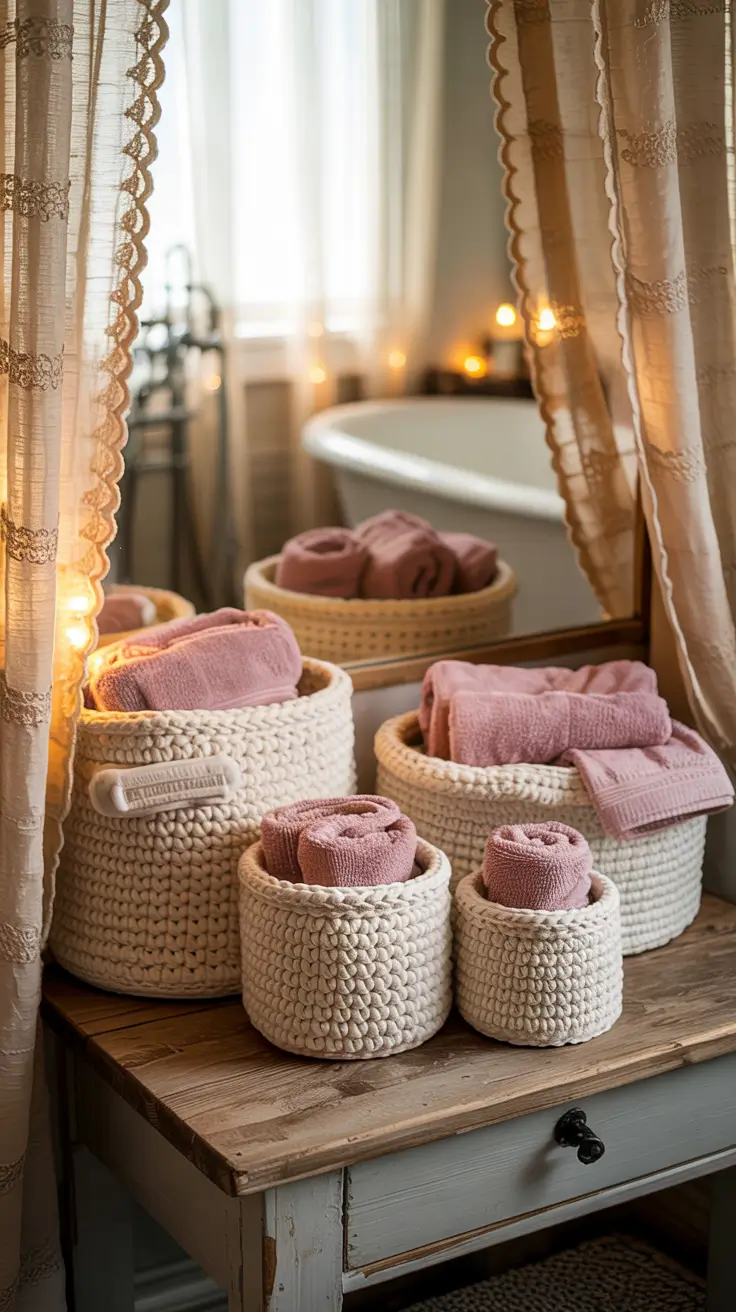 Bathroom organizer ideas 2026 Crochet Baskets And Soft Storage For Cozy Bathroom Decor