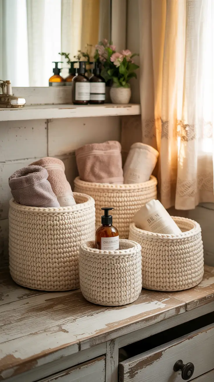 Bathroom organizer ideas 2026 Crochet Baskets And Soft Storage For Cozy Bathroom Decor