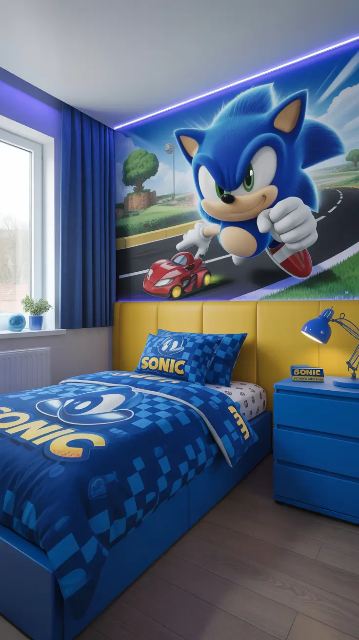 Boys bedroom ideas 2026 Sonic-themed boys bedroom for little gamers