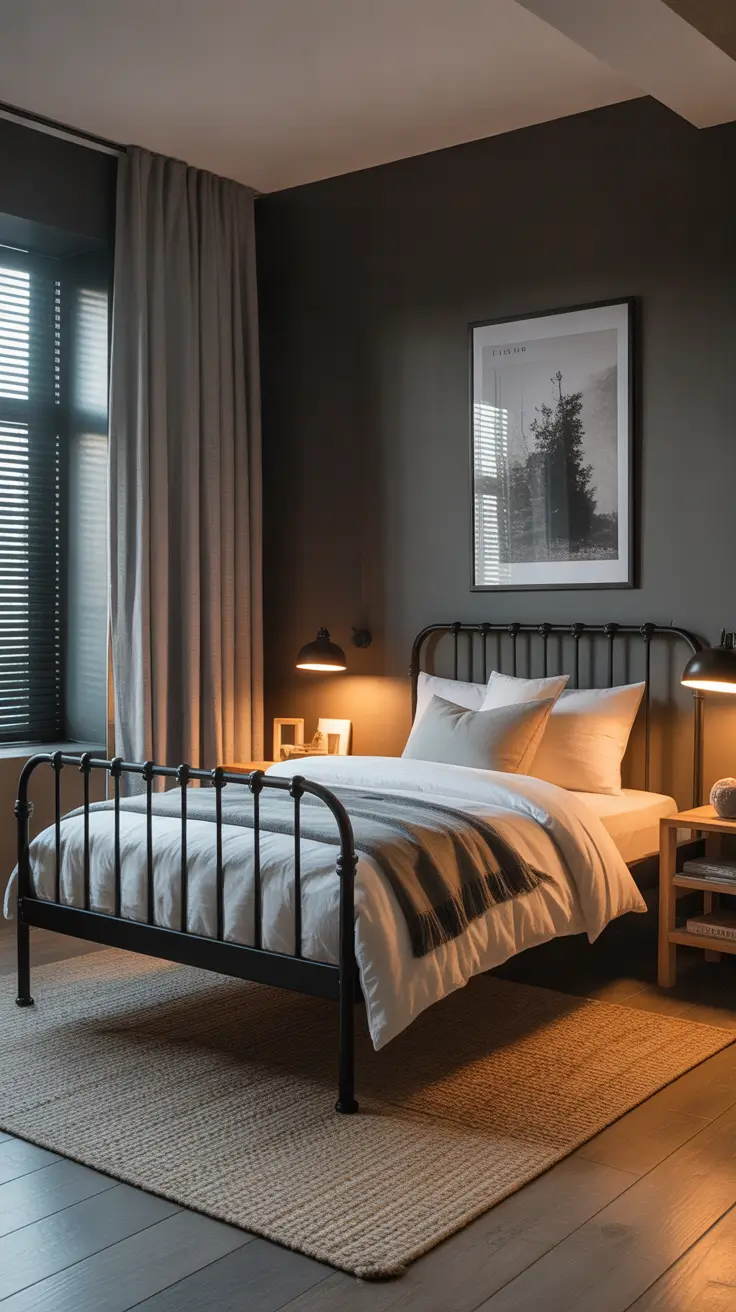 Boys bedroom ideas 2026 Black metal bed frame boys room aesthetic