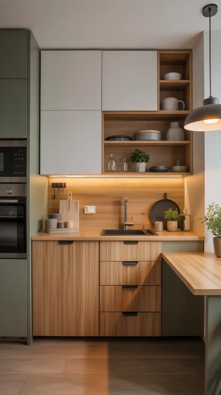 Tiny Kitchen Ideas 2026 Soft Green and Wood Harmony