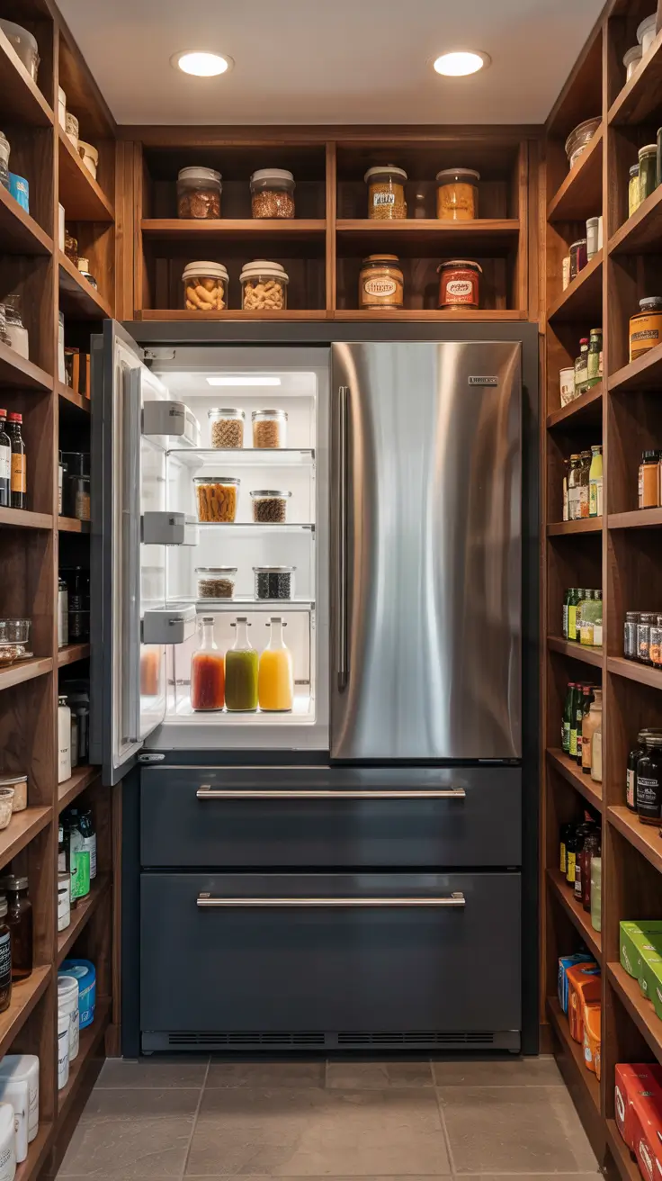 Walk in pantry ideas 2026 Walk-In Pantry With Fridge Built-In Cooling And Snacks Zone
