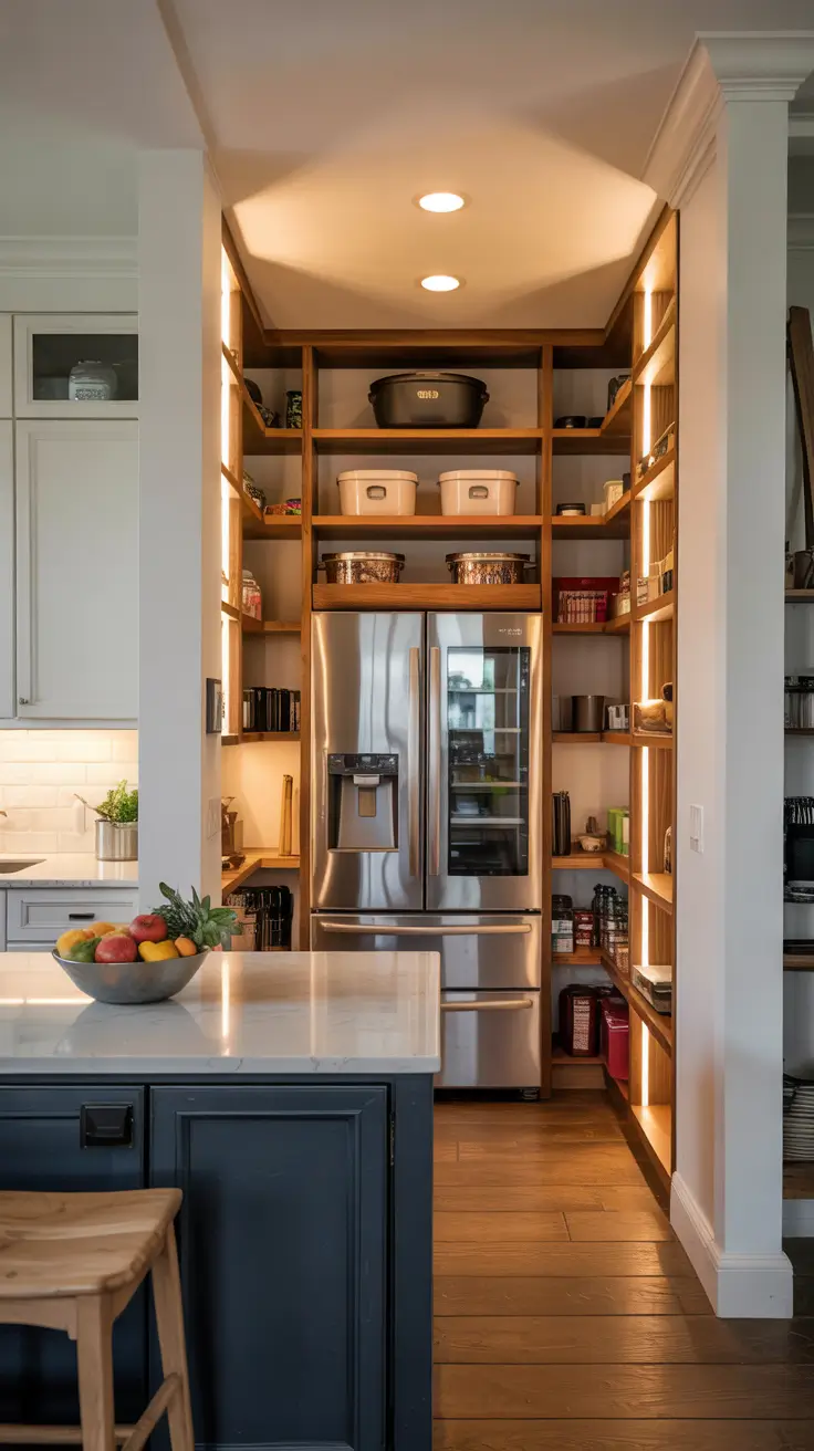 Walk in pantry ideas 2026 Walk-In Pantry With Fridge Built-In Cooling And Snacks Zone