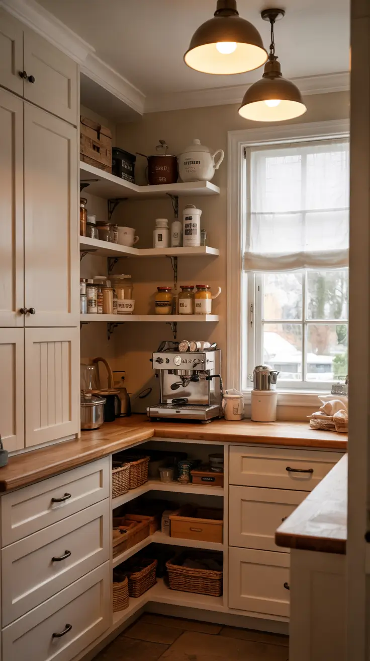 Walk in pantry ideas 2026 Walk-In Pantry Layout With Counter Tops Prep Coffee And Drop Zone