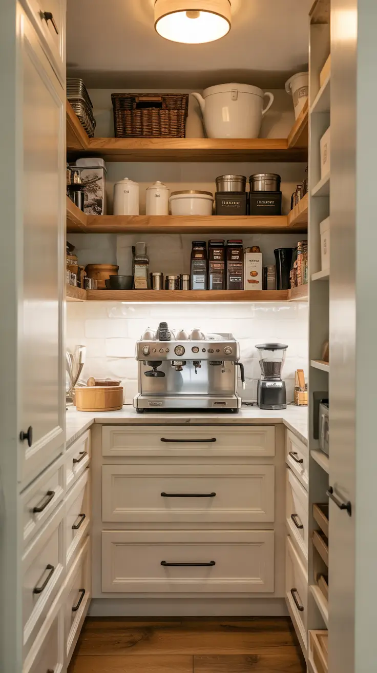 Walk in pantry ideas 2026 Walk-In Pantry Layout With Counter Tops Prep Coffee And Drop Zone