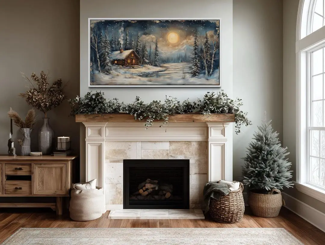 Rustikale Winterhütten-Wandkunst | Mondscheingemälde einer verschneiten Blockhütte – Wall Decor Delights