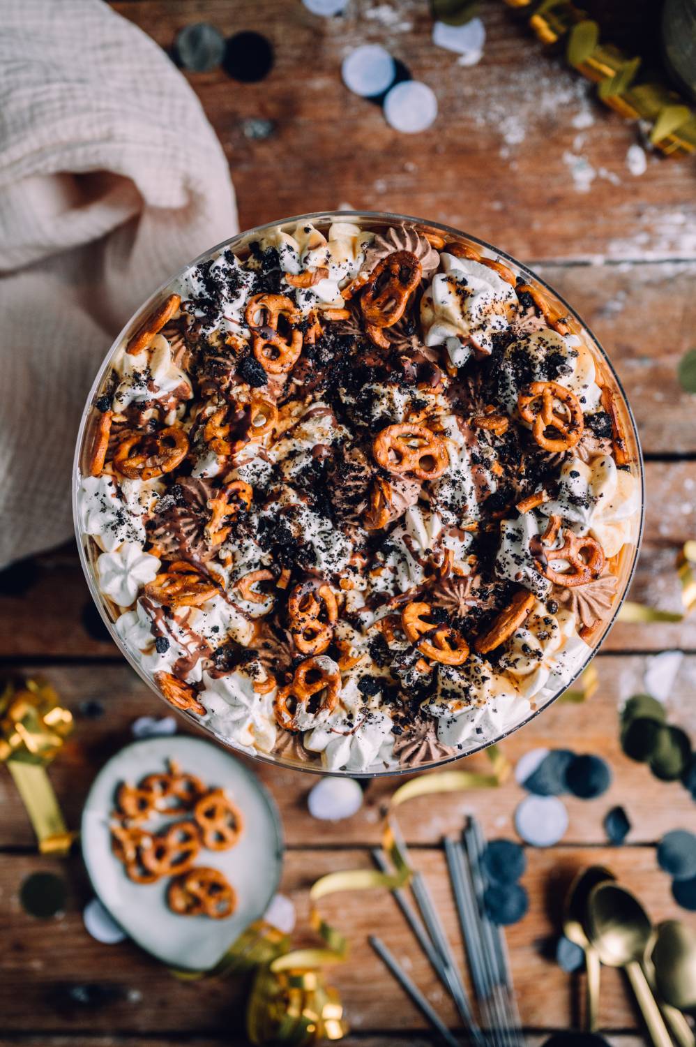 Overhead View of a Trifle Dessert with Pretzel and Confetti — New Years Eve Dessert Table