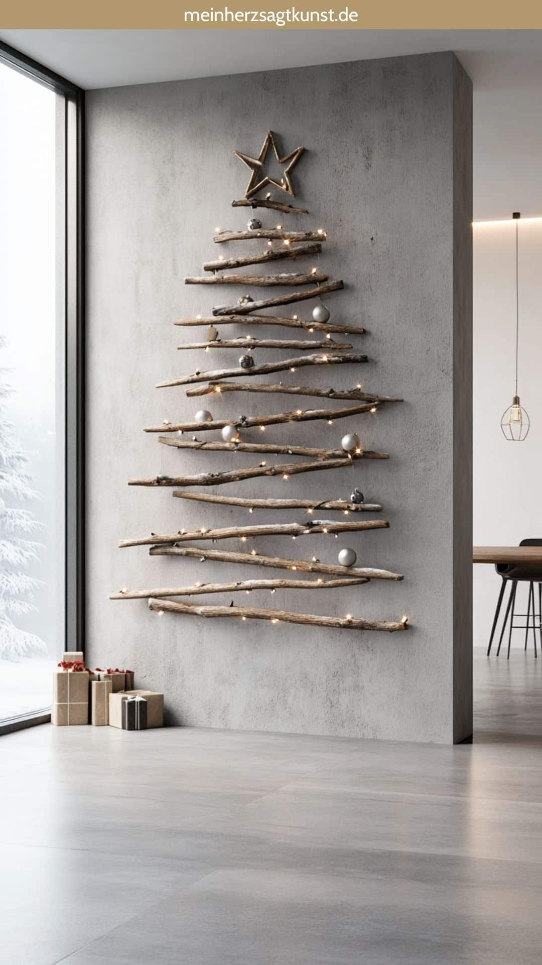 Modern Rustic Wood Branch Wall Tree on Concrete — Wall Christmas Tree