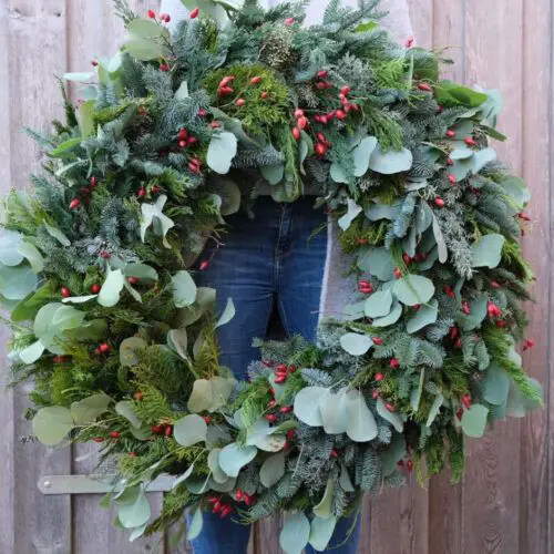 Oversized Natural Greenery Wreath with Eucalyptus and Red Berries — Christmas Wreath