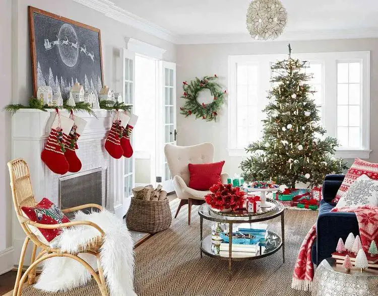 Traditional Comfort: Fireplace Adorned with Stockings and Garland — Cozy Christmas Living Room