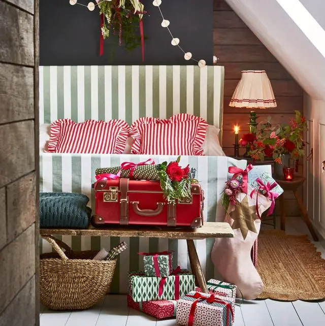 Traditional Bedroom Corner with Red Suitcase and Stocking — Christmas Bedroom Decor