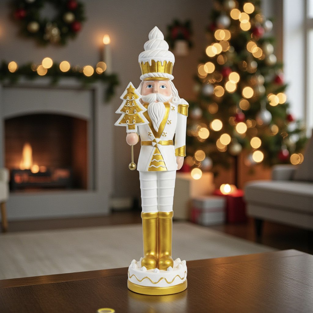 Elegant White and Gold Nutcracker Before Fireplace Elegant White and Gold Nutcracker Before Fireplace — Nutcracker Christmas Tree