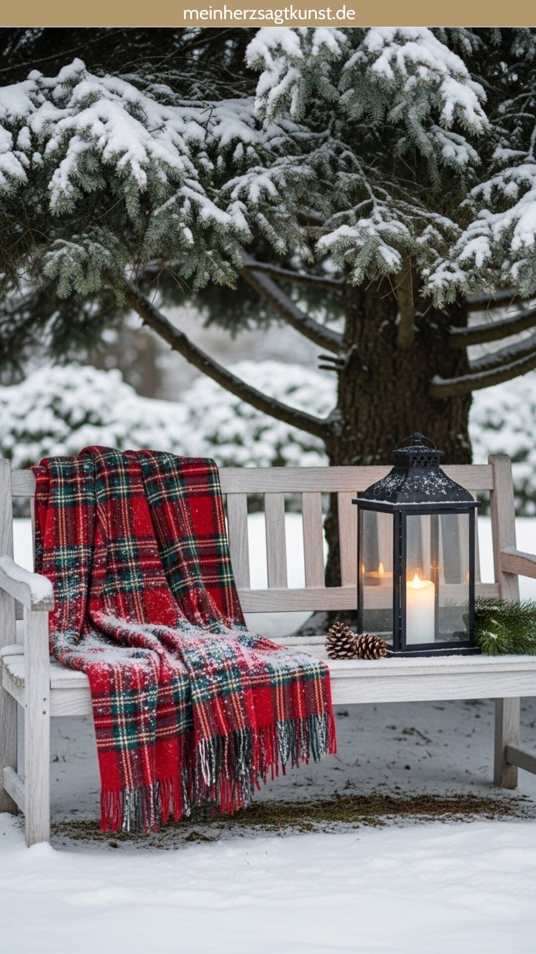 Cozy Winter Bench with Plaid Blanket and Lantern — Christmas Yard Decor