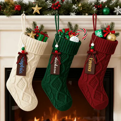 Cozy Cable-Knit Stockings with Personalized Name Tags — Christmas Stockings Display