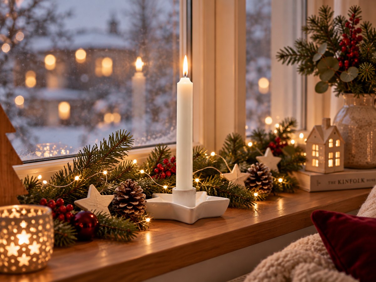 Cozy Winter Window Sill with Glowing Candle and Pine Cozy Winter Window Sill with Glowing Candle and Pine — Christmas Shelf Decor