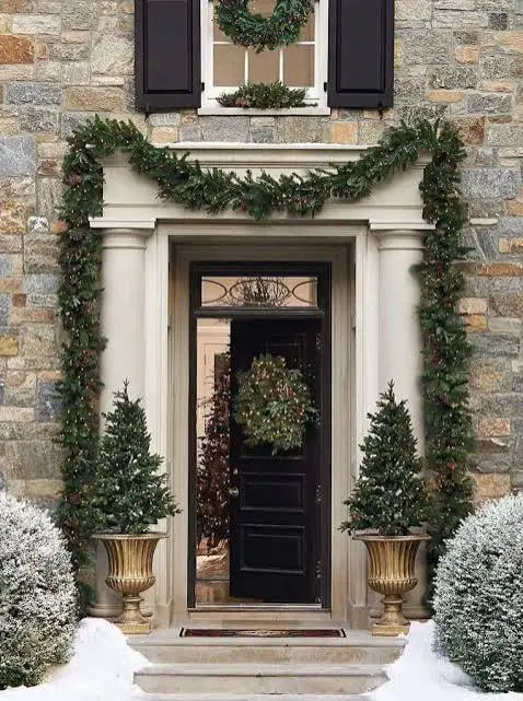 Grand Classic Entrance with Topiaries and Snow — Winter Front Door Decor