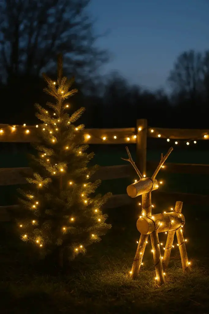 Rustic Garden Scene with Light-Up Reindeer and Tree Rustic Garden Scene with Light-Up Reindeer and Tree — Christmas Light Display Ideas