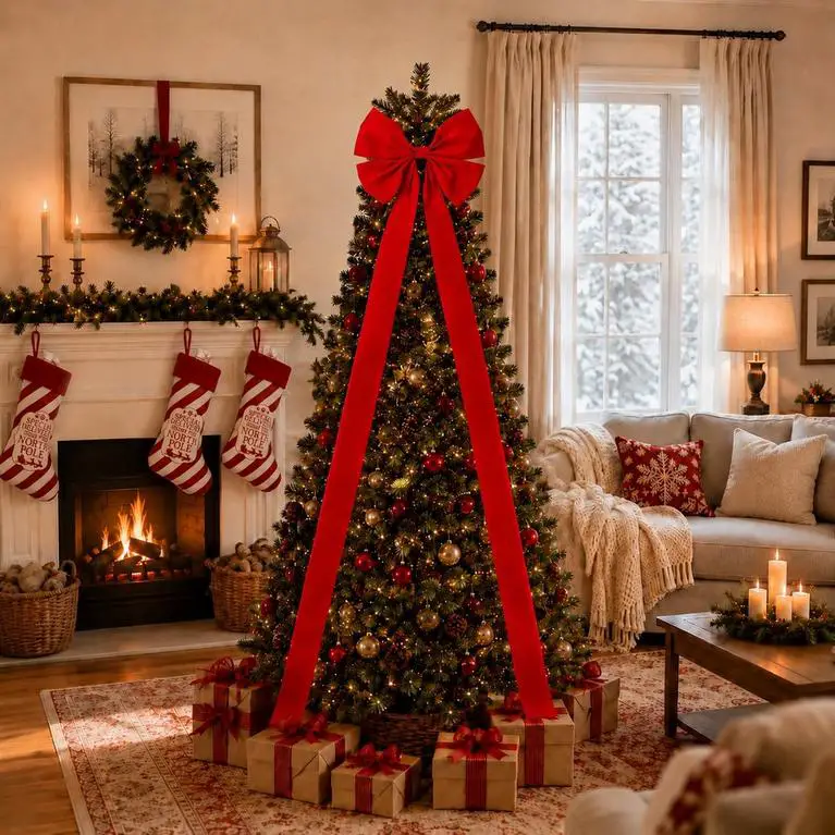 Traditional Living Room with Central Christmas Tree and Oversized Red Bow Traditional Living Room with Central Christmas Tree and Oversized Red Bow — Red and Gold Christmas Tree
