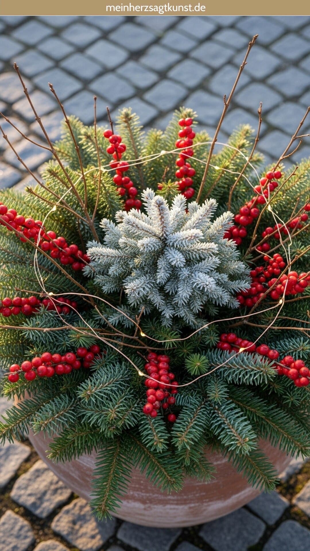 Festive Winter Planter with Evergreen, Berries, and Fairy Lights — Winter Porch Decor