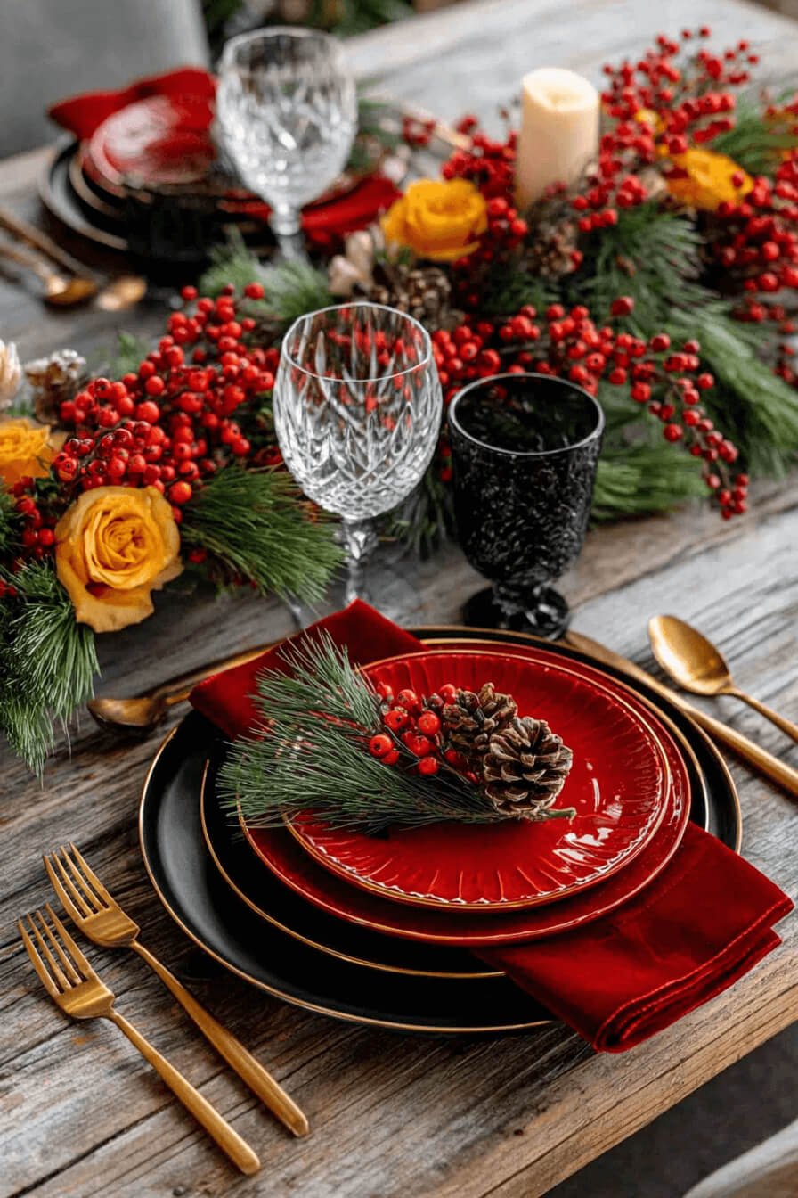 Modern Rustic Christmas Table Setting — Red and Green Christmas Decor