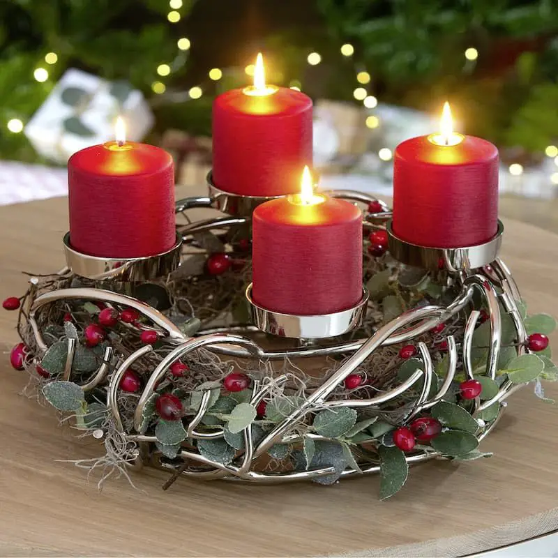 Modern Silver Metal Advent Wreath with Red Candles Modern Silver Metal Advent Wreath with Red Candles
