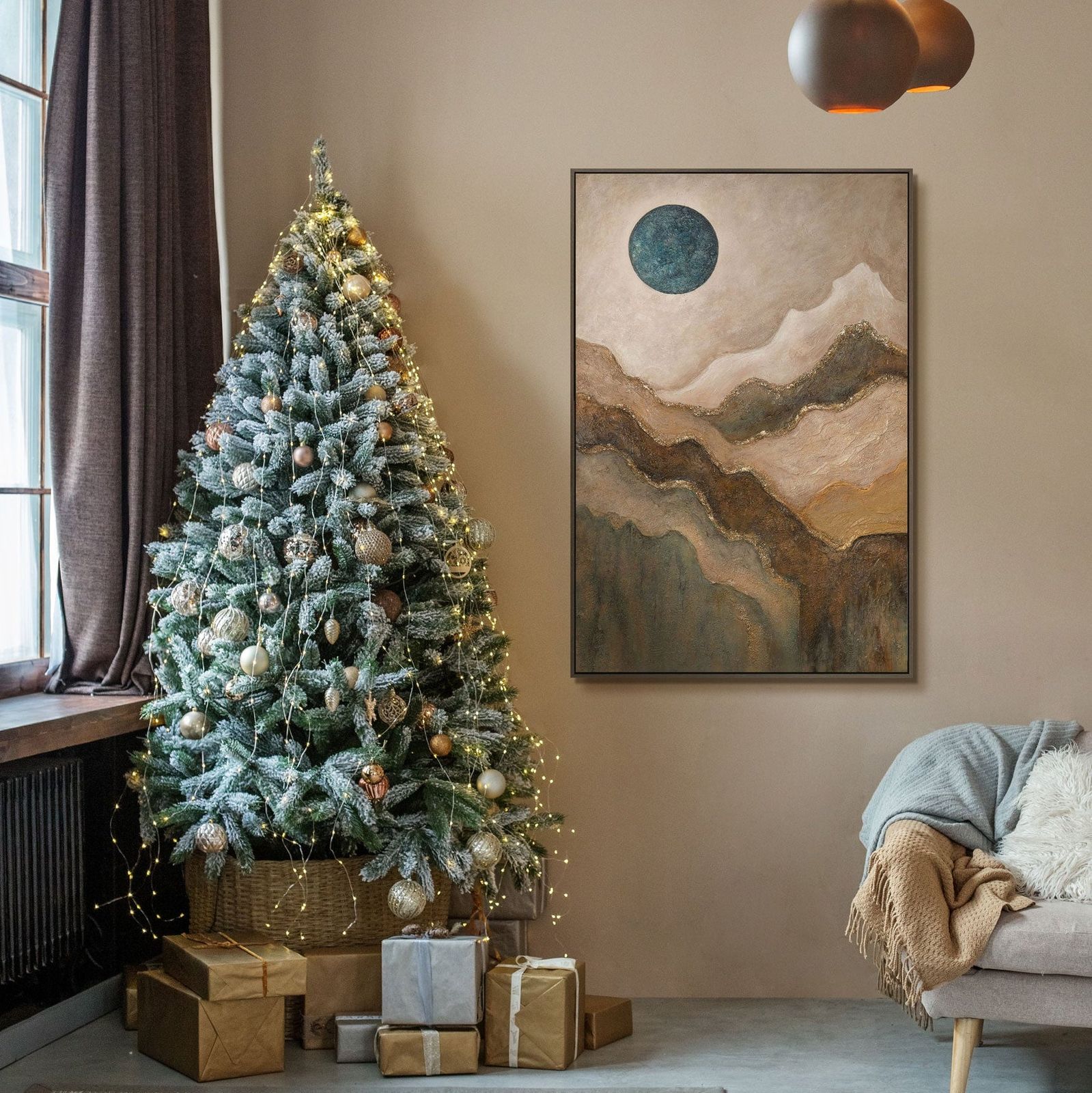 Living Room Modern Frosted Christmas Tree with Gold Accents — Christmas Tree Trends 2026