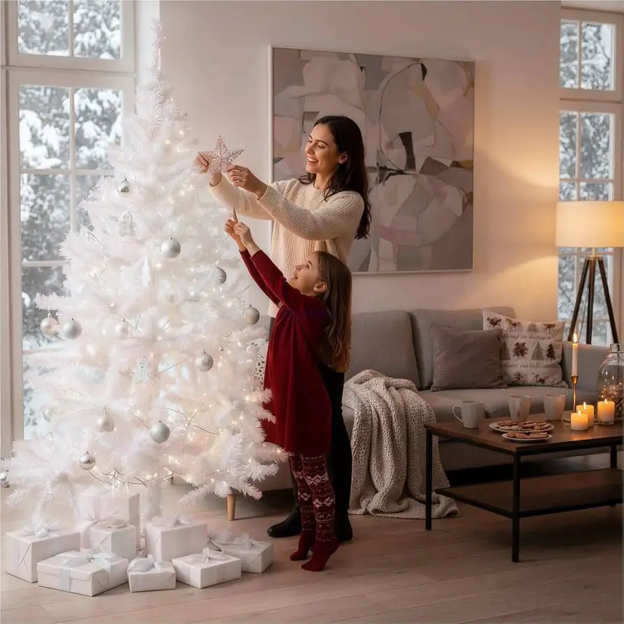 Family Decorating a White Christmas Tree with Silver Ornaments Family Decorating a White Christmas Tree with Silver Ornaments — White Christmas Tree Decor