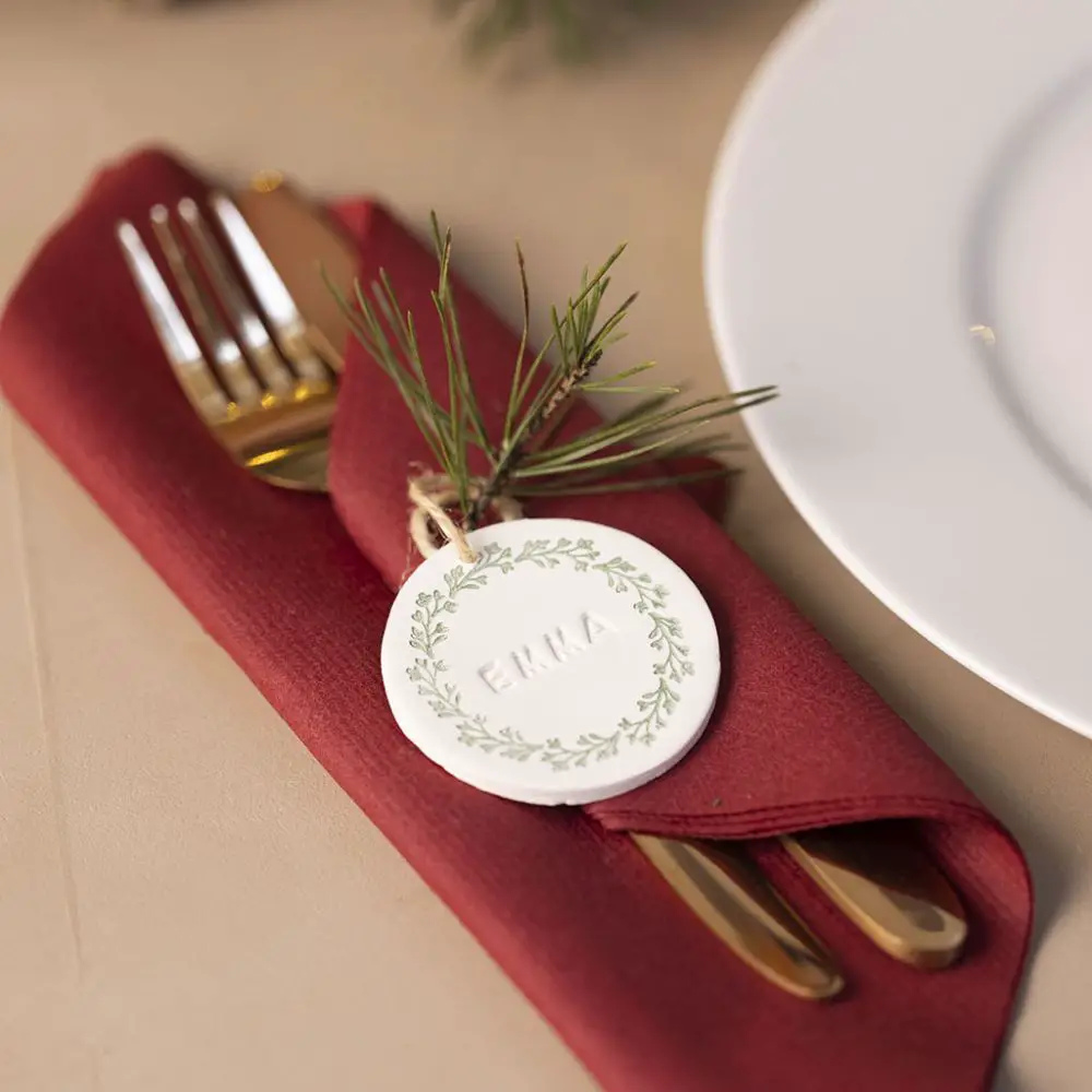 Handmade Clay Place Card with Stamped Wreath — Christmas Place Cards