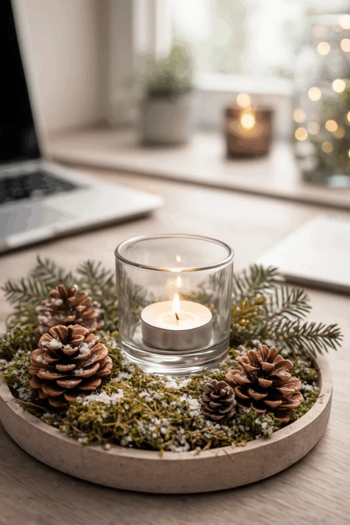 Rustic Christmas Candle Vignette with Natural Elements Rustic Christmas Candle Vignette with Natural Elements — Christmas Office Decor Ideas