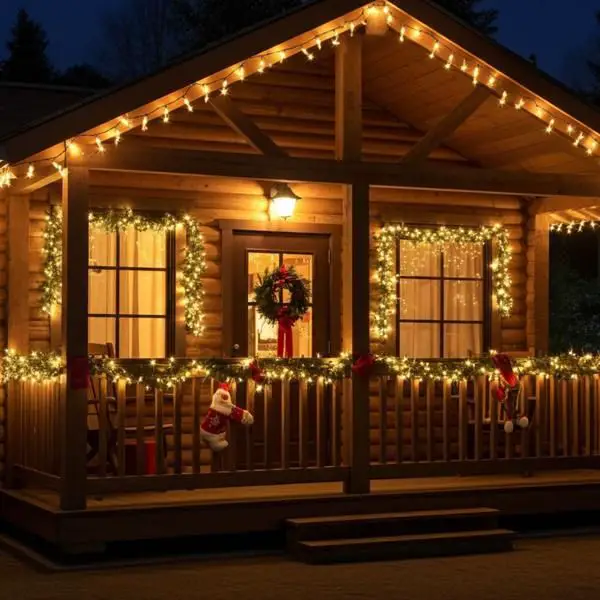 Log Cabin Porch Illuminated with Abundant Christmas Lights — Small Christmas Porch