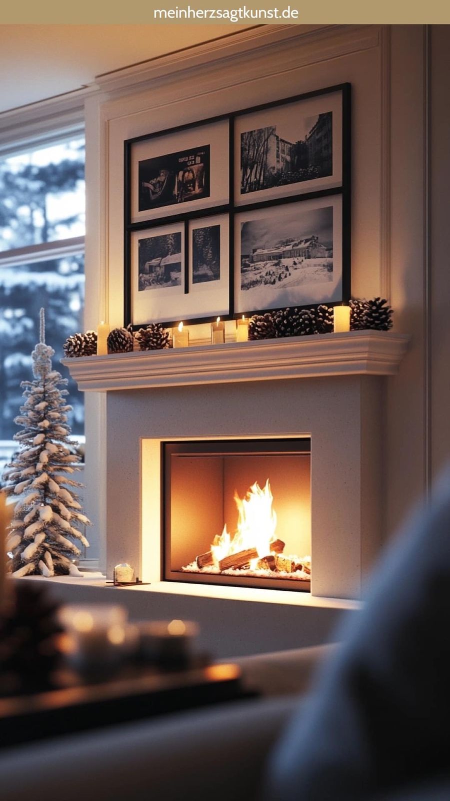 Traditional Mantel with Garland, Candles, and Framed Pictures — Christmas Fireplace Decor