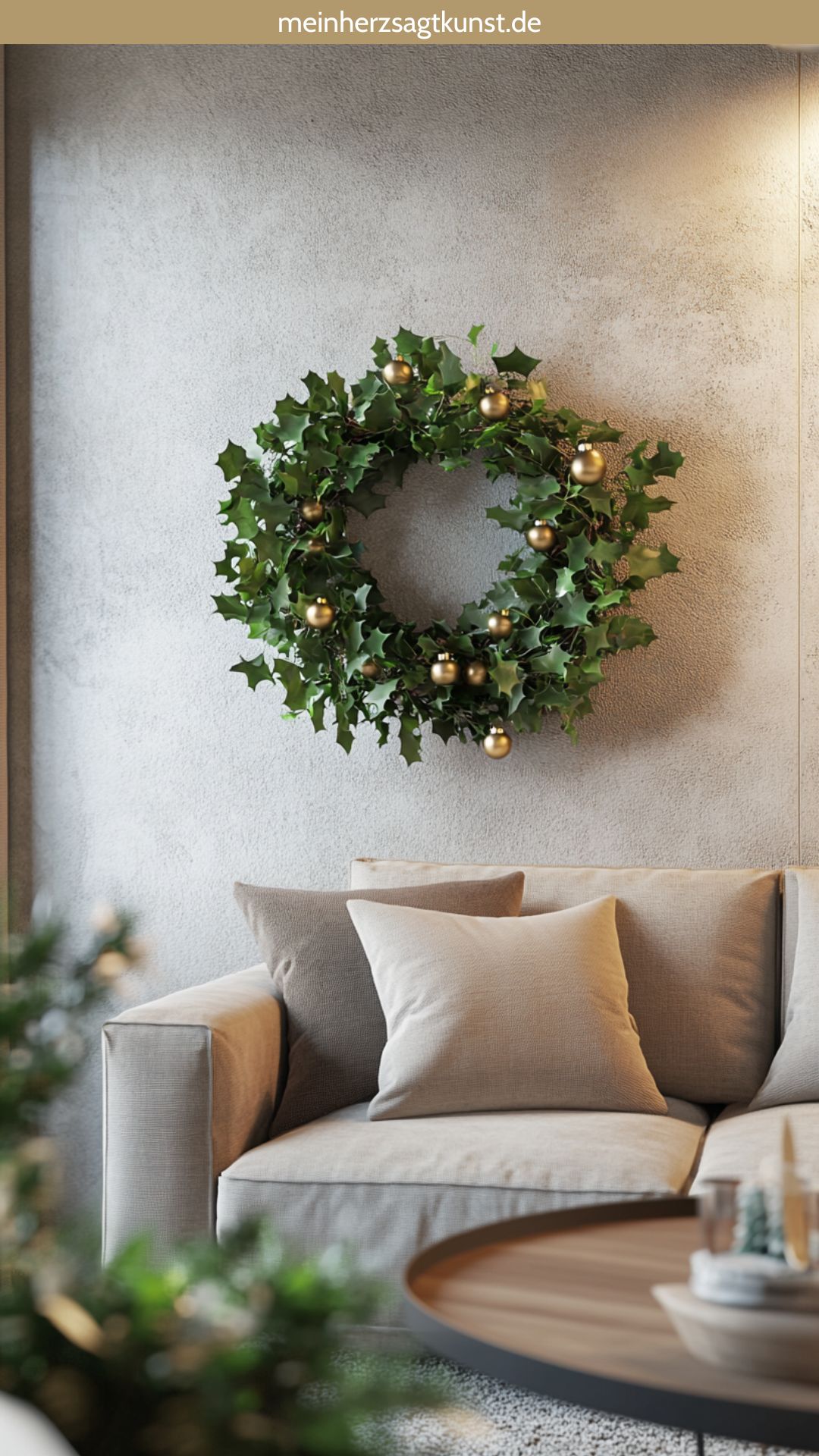 Lush Holly Wreath on a Neutral Wall — Christmas Wall Decor
