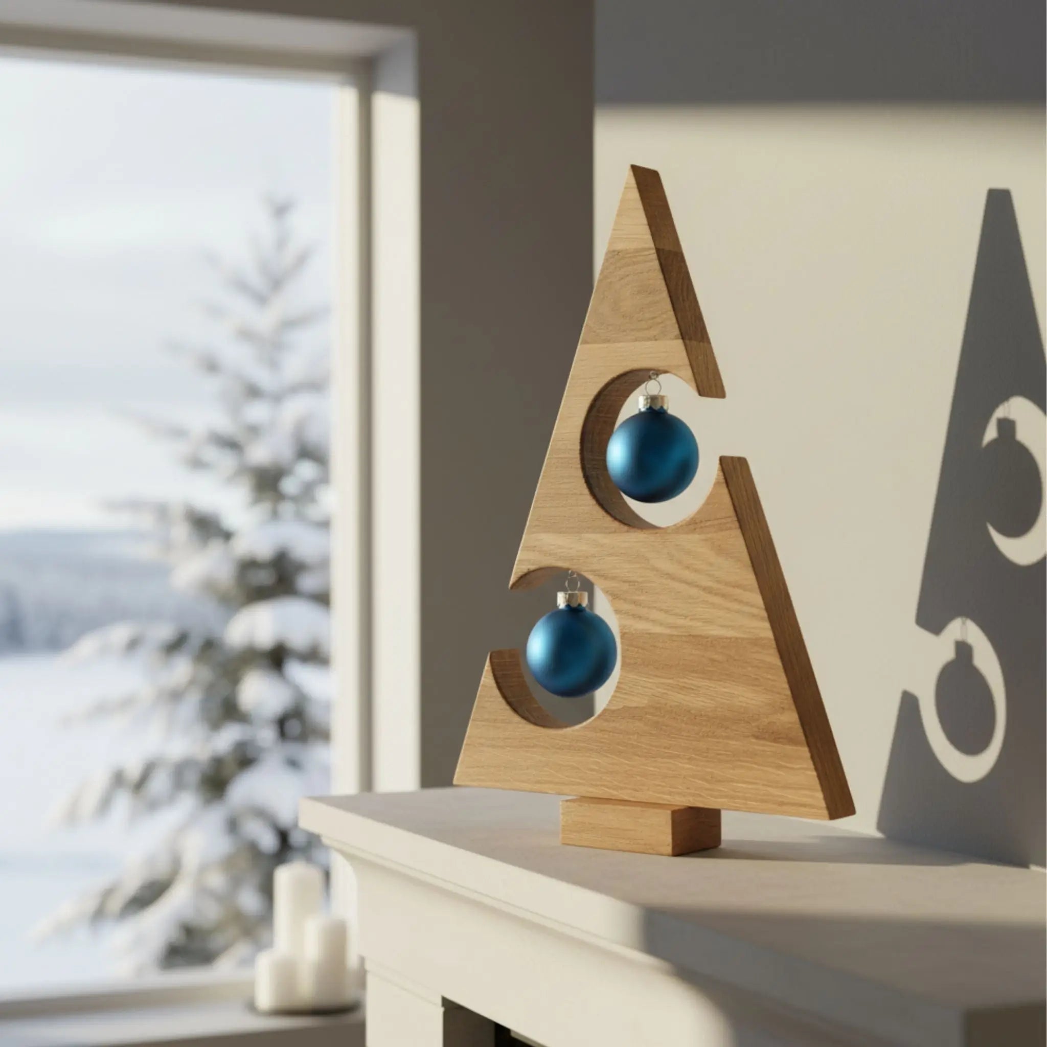 Geometric Wooden Tree with Blue Baubles — Tabletop Christmas Tree Decor
